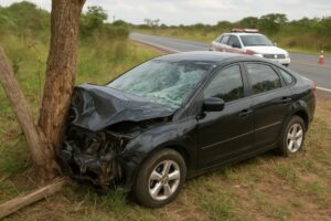 Carro bate em árvore e motorista fica ferida na BR-251 em Unaí