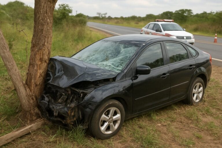 Carro bate em árvore e motorista fica ferida na BR-251 em Unaí