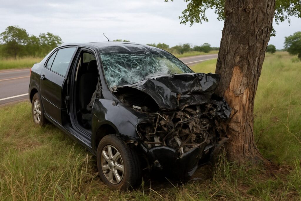 Carro bate em árvore e motorista fica ferida na BR-251, em Unaí